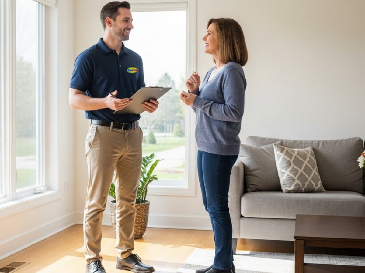 Safe-Dry technician talking through the job with a homeowner