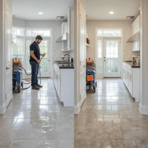 Professional tile and grout cleaning removing deep buildup from grout lines